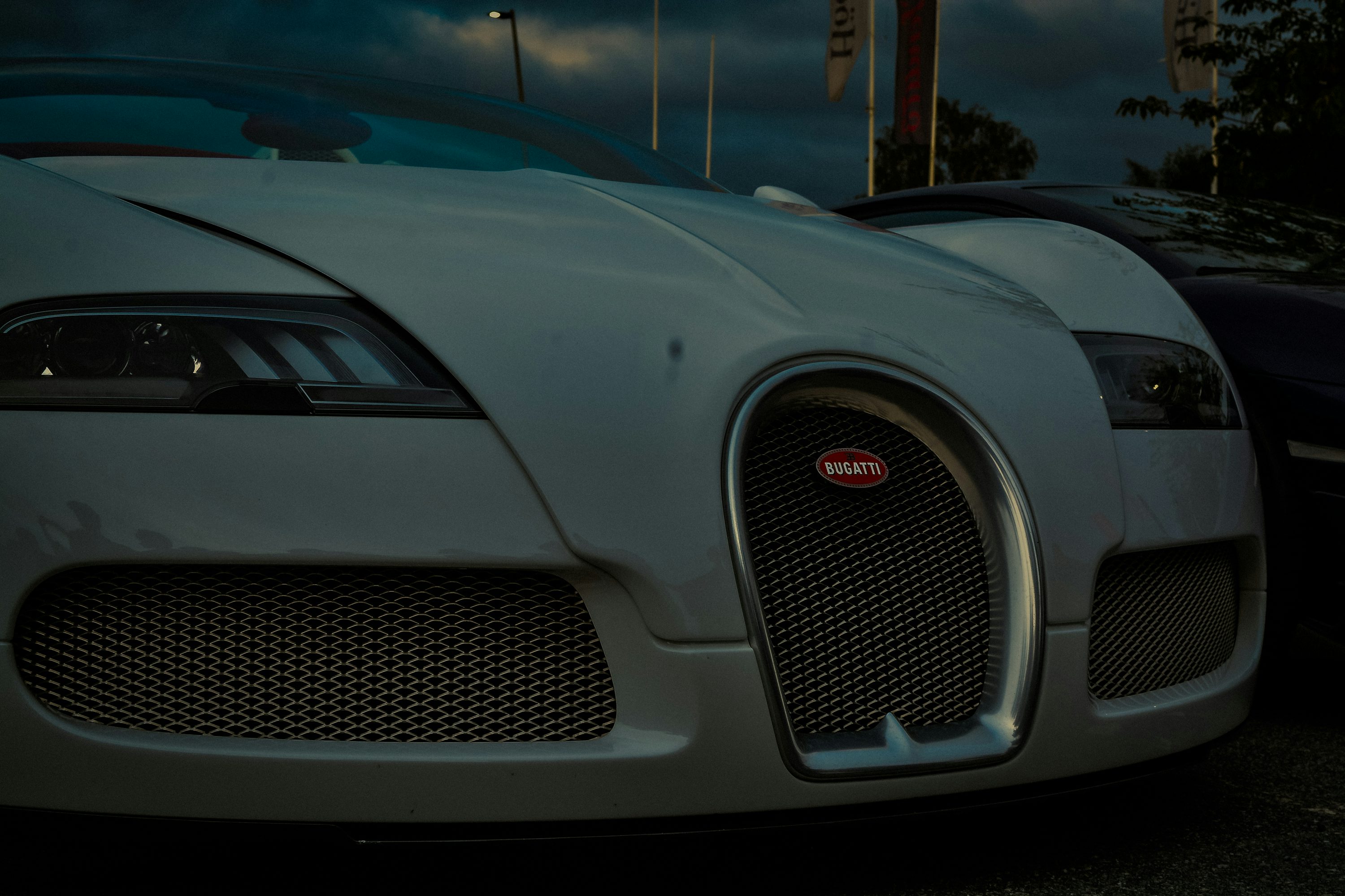 Close-up of a white bugatti car grille
