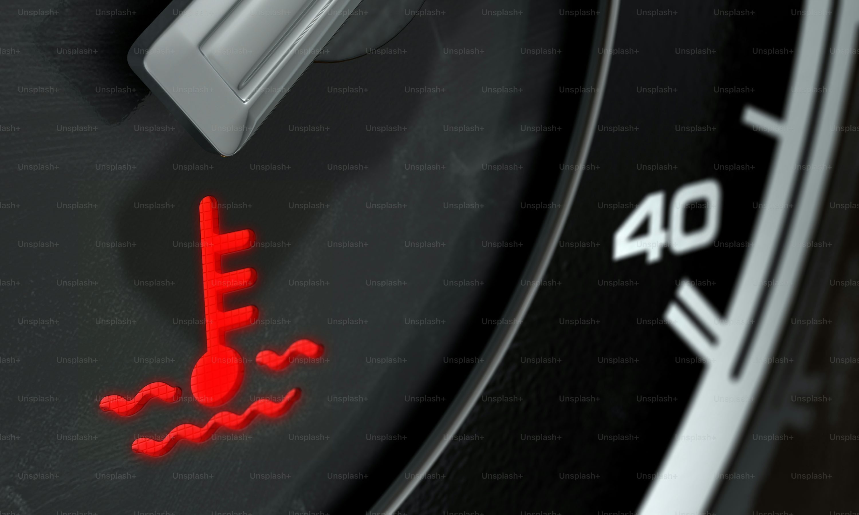 A 3D render of an extreme closeup of an illuminated high temperature dashboard light on a car dashboard panel background