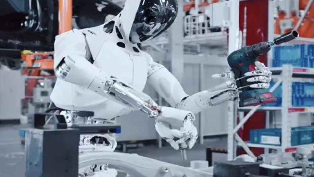 A smart humanoid robot working on EV production lines, blending AI with human-like interaction.