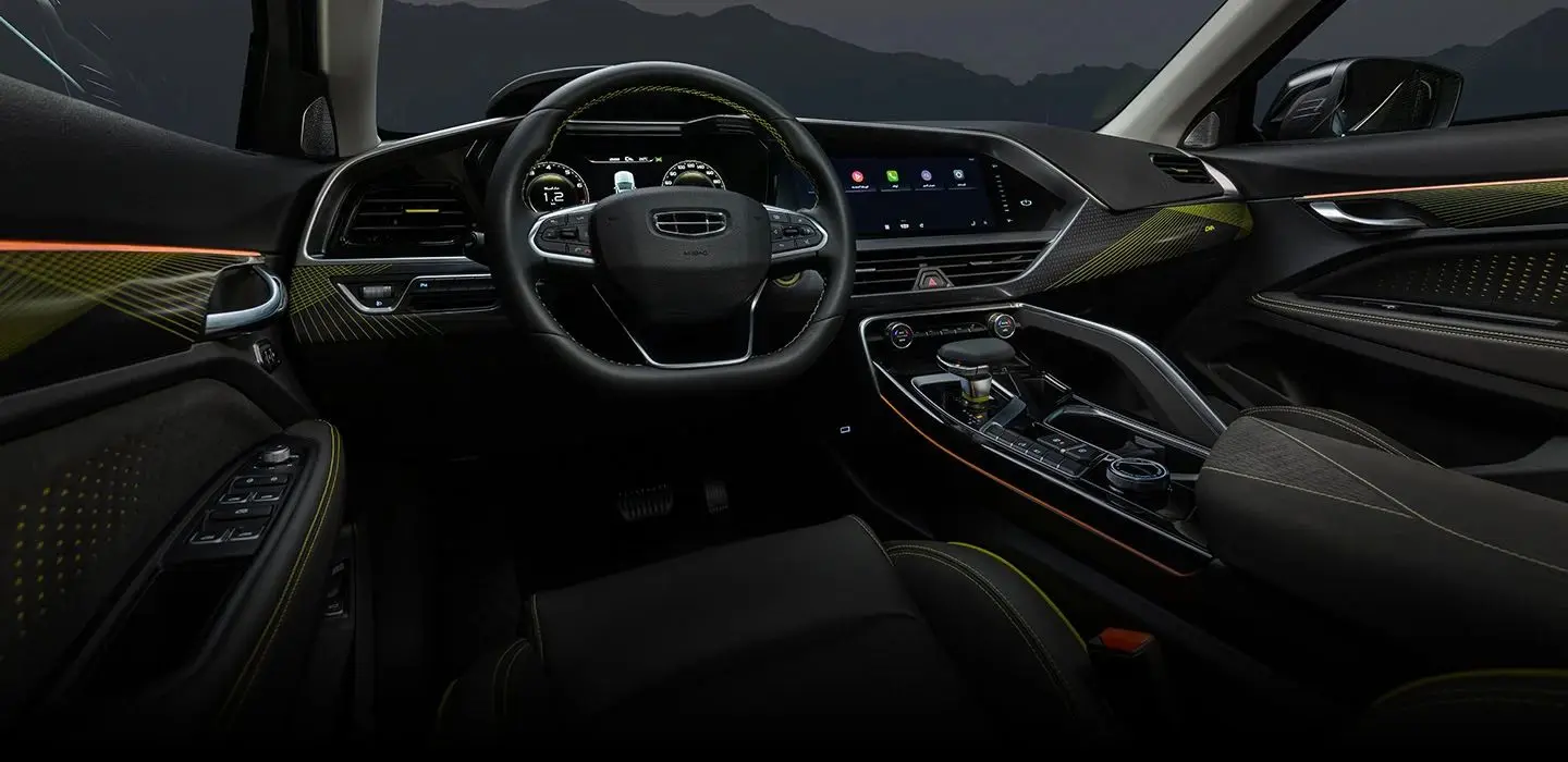 Discover the sporty and luxurious interior of the 2025 Geely Tugella in Saudi Arabia with digital screens, BOSE sound, premium seats, and smart comfort features