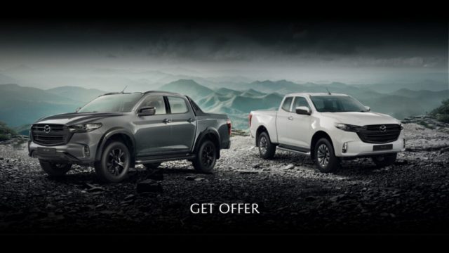 The 2024 Mazda BT-50 model has received a simple facelift featuring a black grille across all trims and modifications to the front bumper, along with an optional 'Black Thunder' accessory package that presents a more aggressive design.