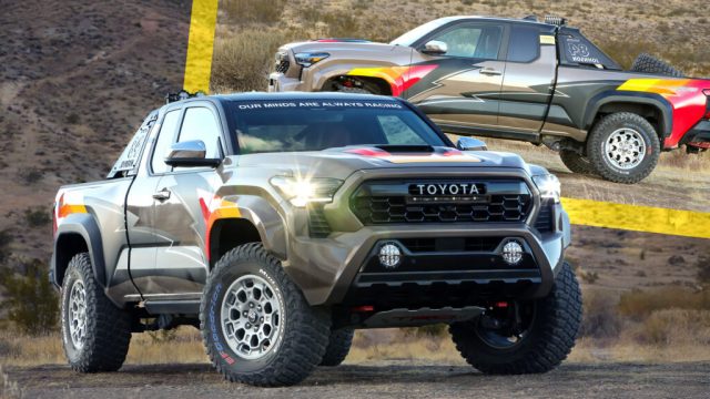 The Toyota Tacoma lineup showcases a new TRD ProRunner Race Concept, demonstrating impressive off-road capabilities and unique design at SEMA.